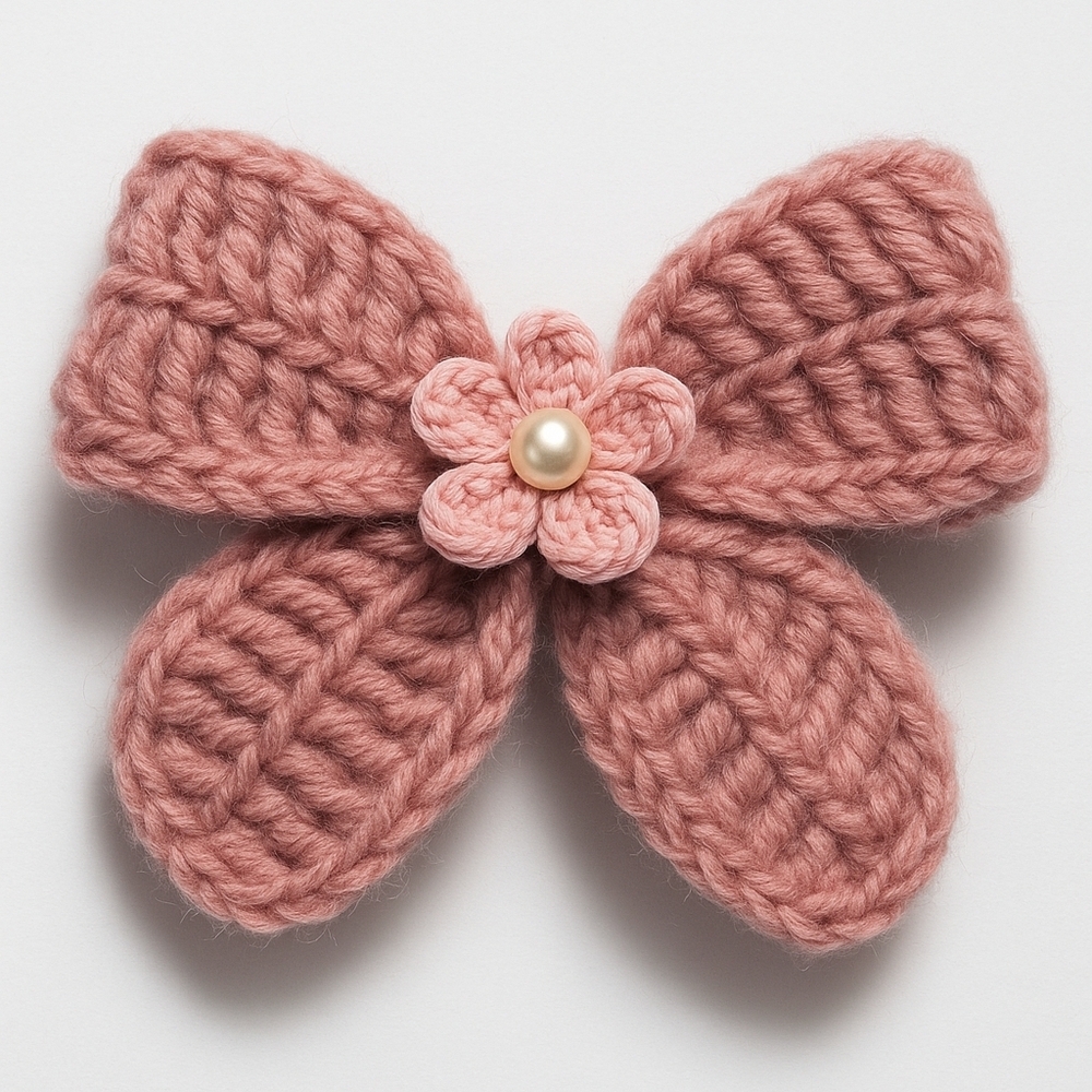 Hand Crafted Crochet Bow Hair Clip Pale Pink Alligator Clip Silk Ribbon Flower